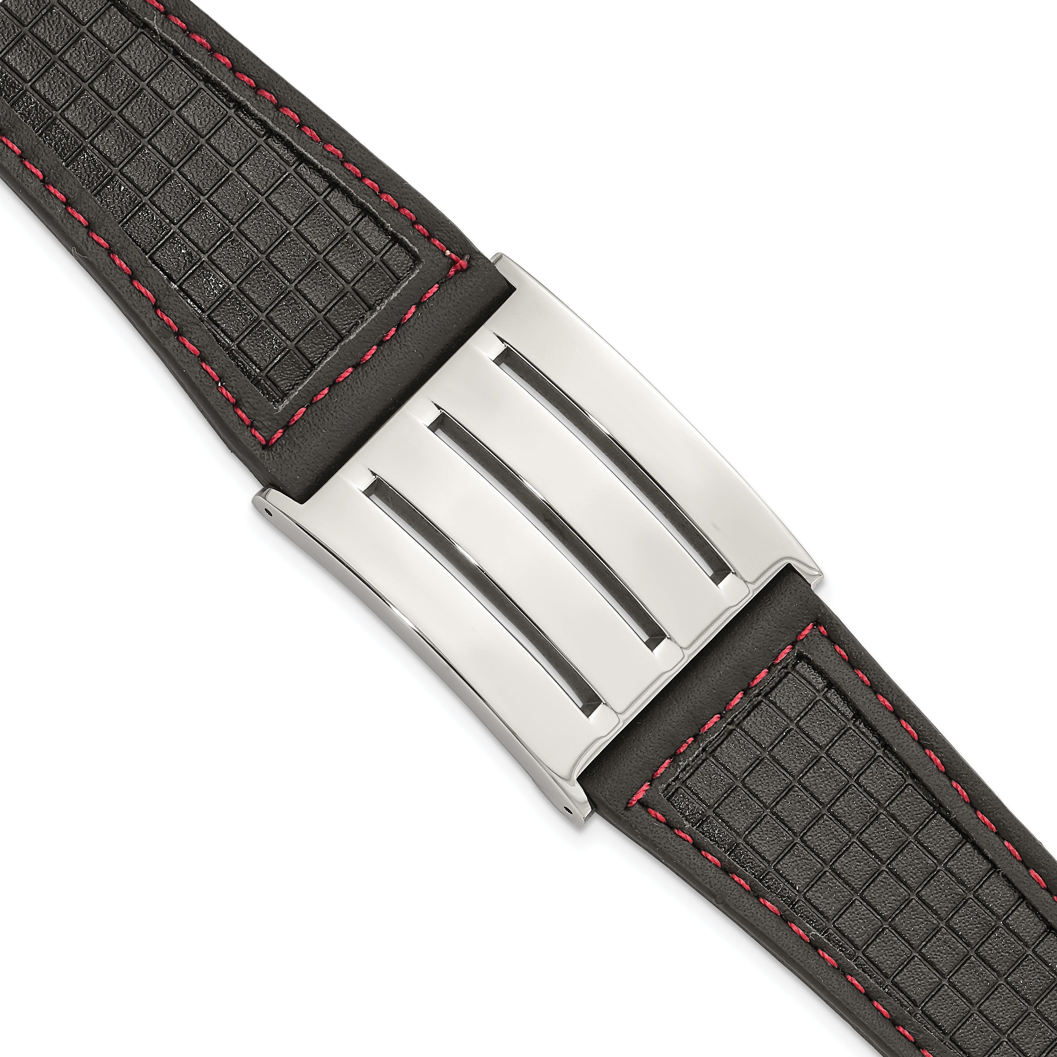 Stainless Steel Black Leather w/ Red Trim Polished Buckle Bracelet Main image