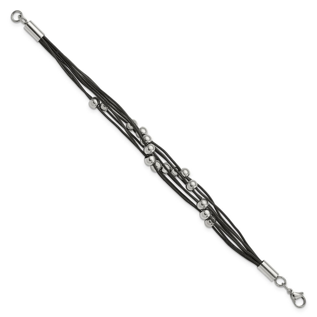 Beaded Multi-Strand Bracelet in Stainless Steel & Black Leather