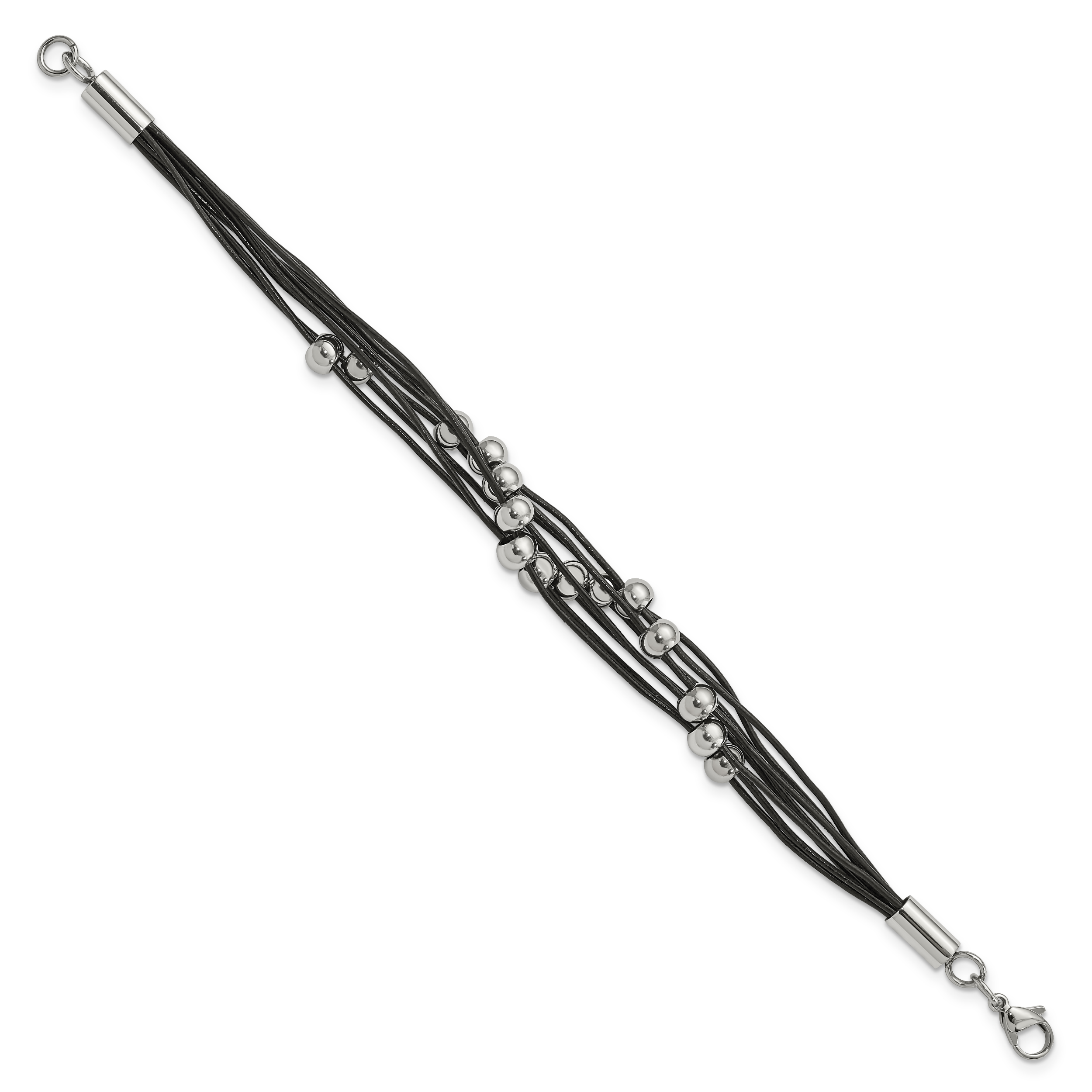 Beaded Multi-Strand Bracelet in Stainless Steel & Black Leather