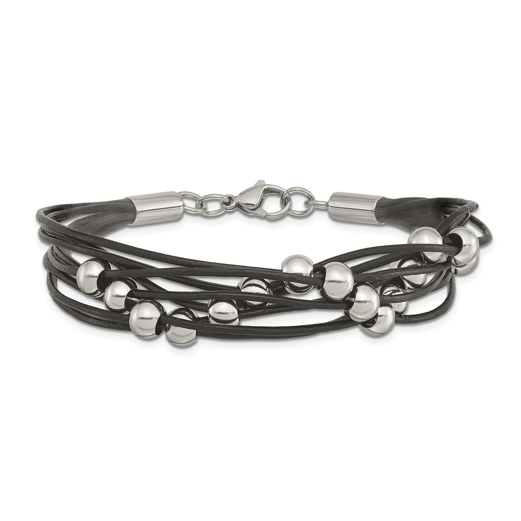 Beaded Multi-Strand Bracelet in Stainless Steel & Black Leather