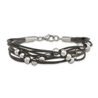 Beaded Multi-Strand Bracelet in Stainless Steel & Black Leather