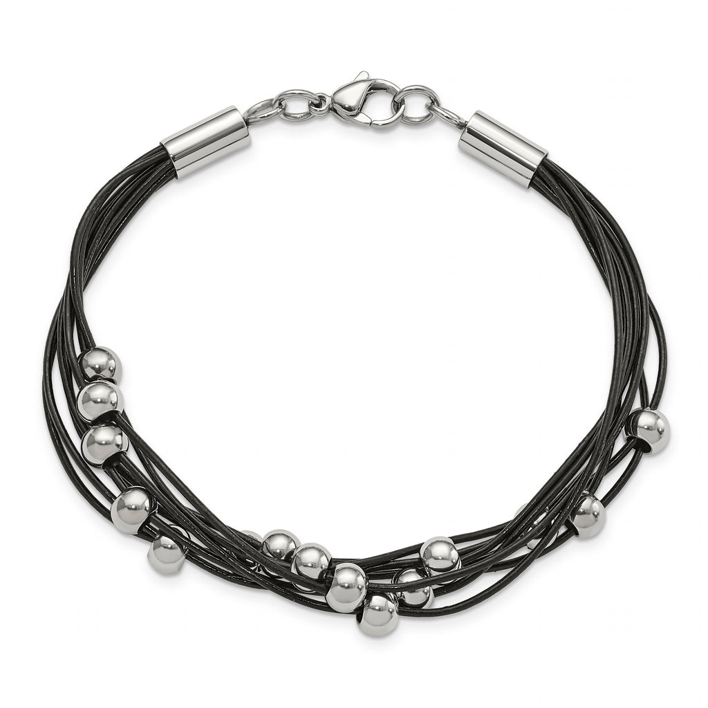 Beaded Multi-Strand Bracelet in Stainless Steel & Black Leather