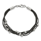 Beaded Multi-Strand Bracelet in Stainless Steel & Black Leather
