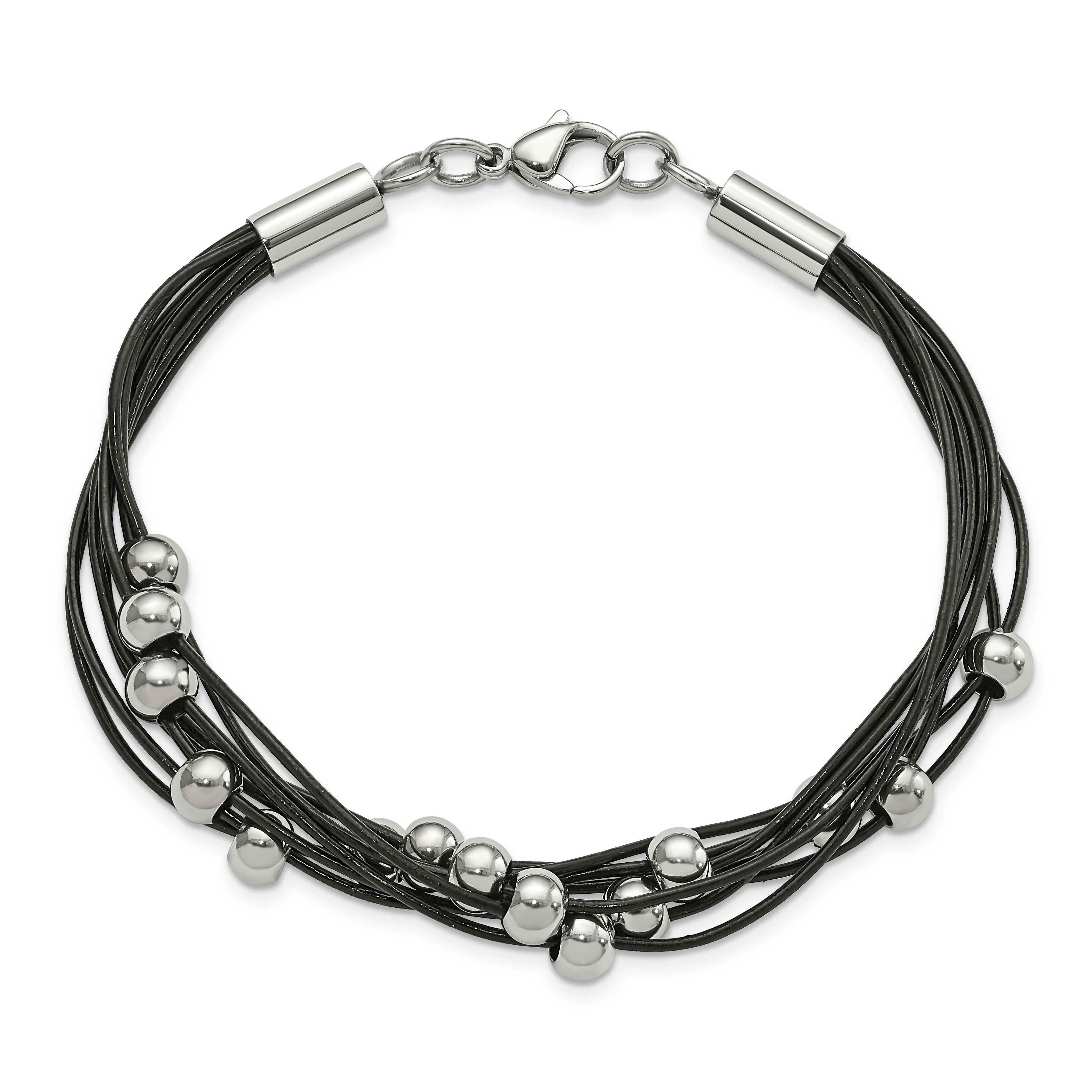 Beaded Multi-Strand Bracelet in Stainless Steel & Black Leather