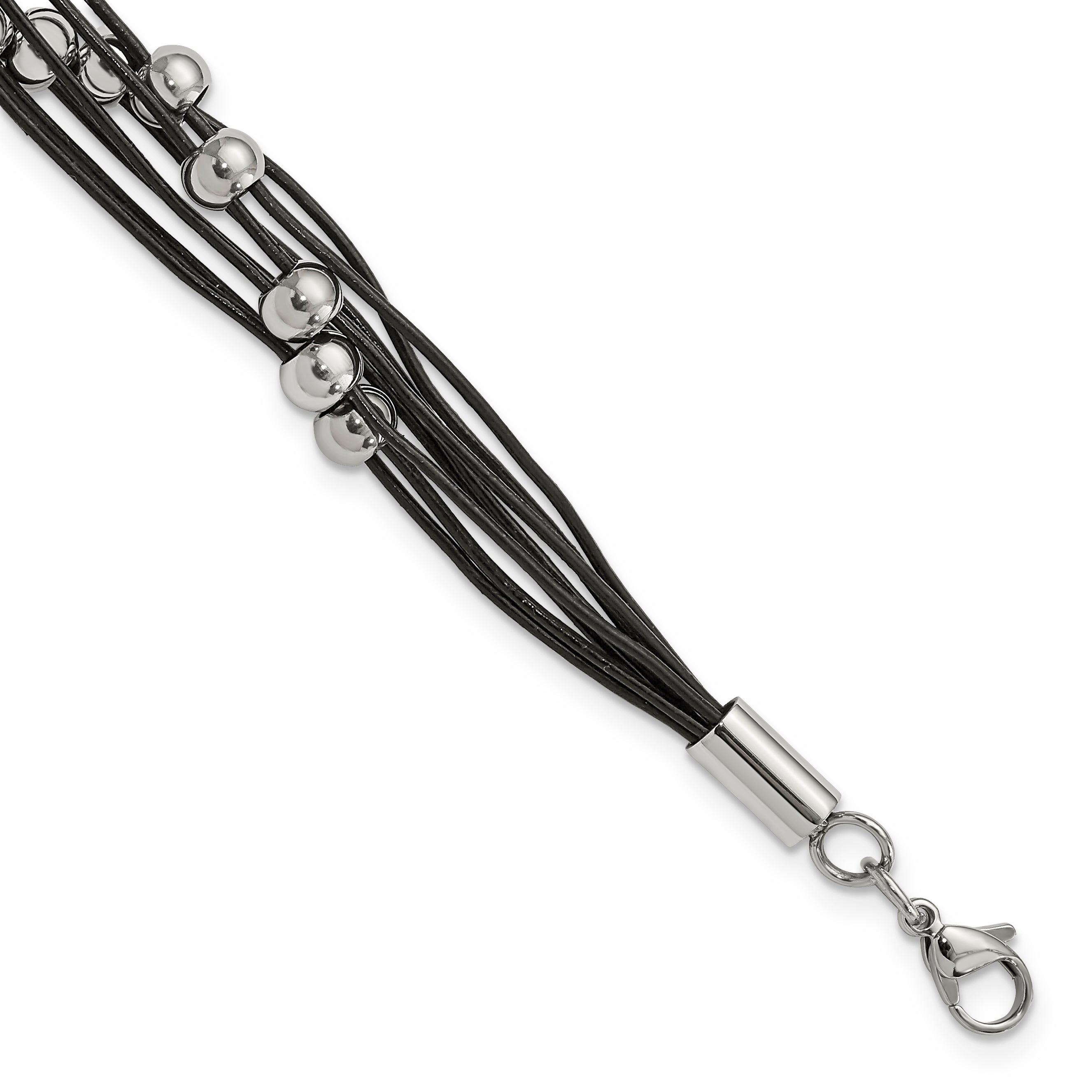Chisel Stainless Steel Polished Beaded Multi-Strand Black Leather 8 inch Bracelet Main image