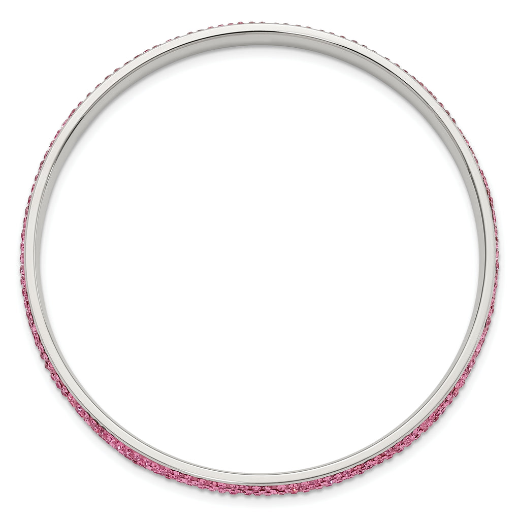 Stainless Steel Polished Pink Crystal Rounded Bangle