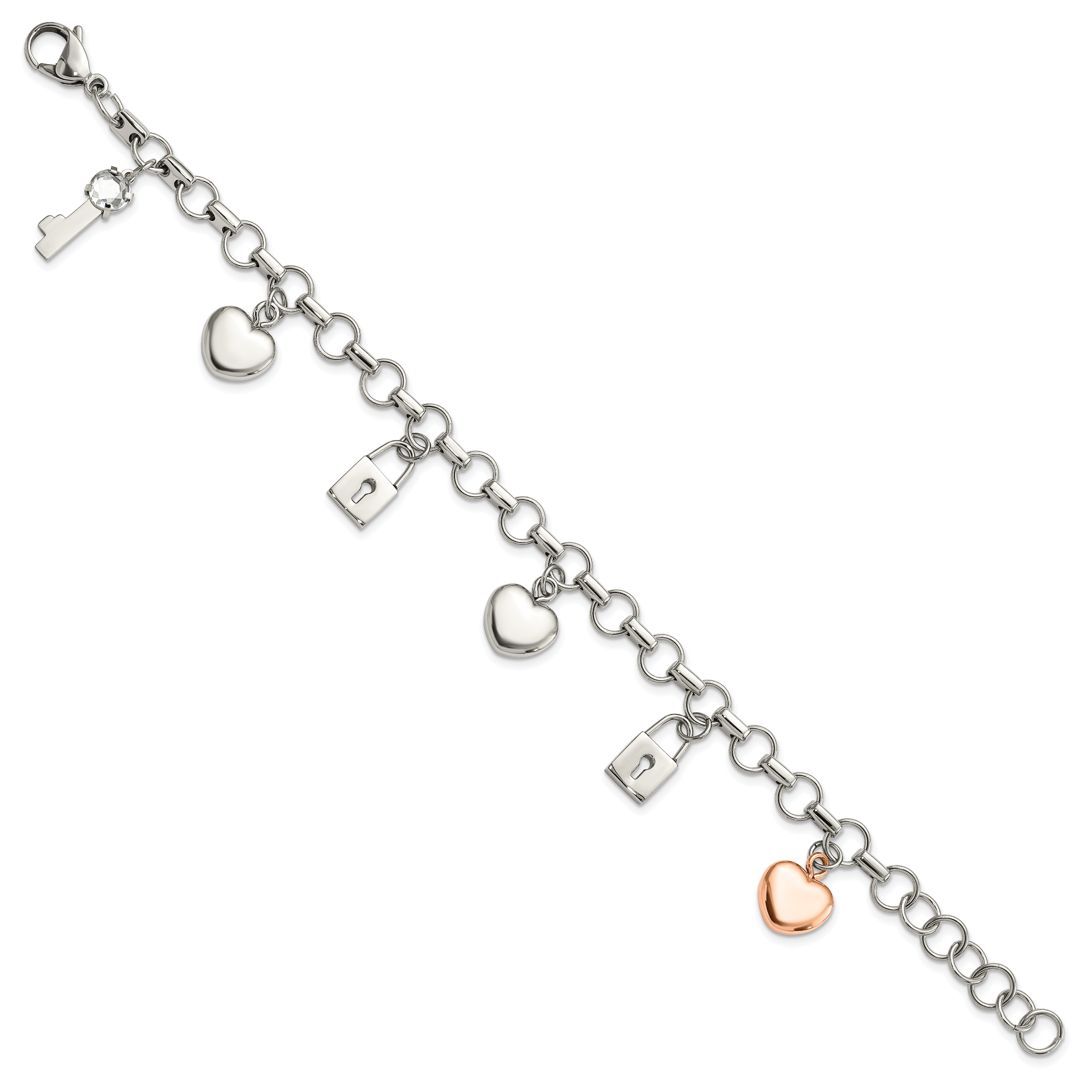 Stainless Steel Rose IP-plated Polished CZ Heart, Lock & Key w/ 1in ext Bracelet Secondary image