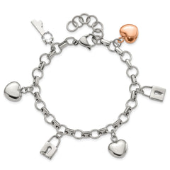 Stainless Steel Rose IP-plated Polished CZ Heart, Lock & Key w/ 1in ext Bracelet
