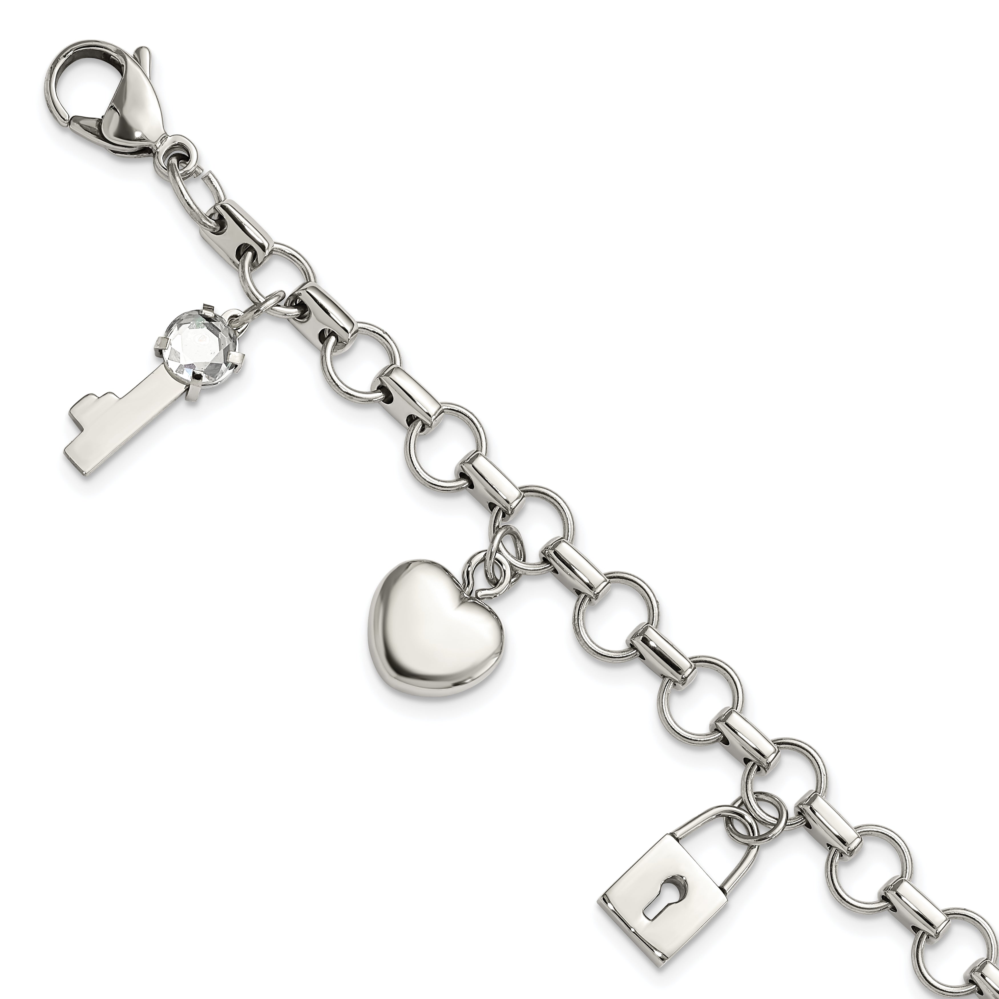 Stainless Steel Rose IP-plated Polished CZ Heart, Lock & Key w/ 1in ext Bracelet Main image