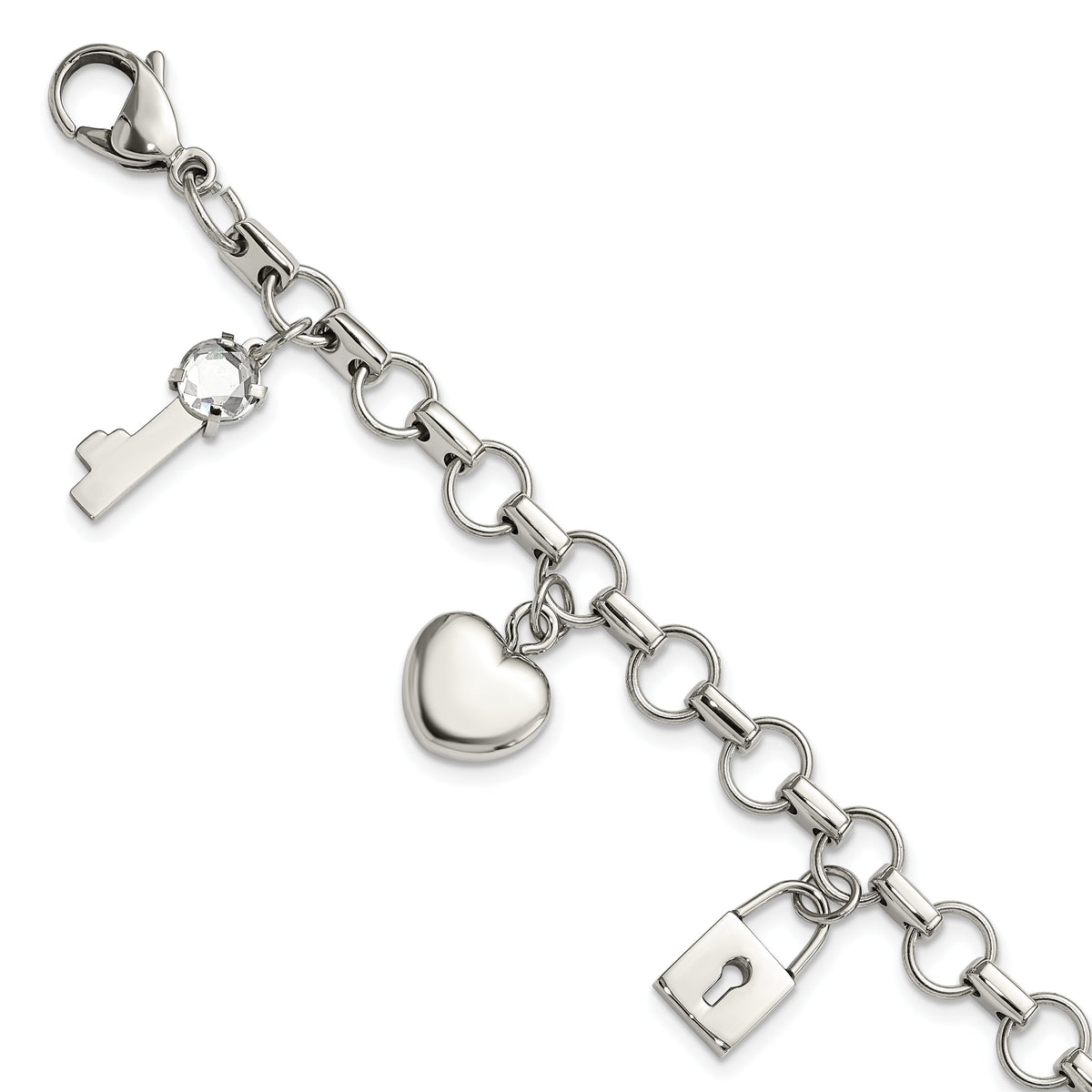 Stainless Steel Rose IP-plated Polished CZ Heart, Lock & Key w/ 1in ext Bracelet