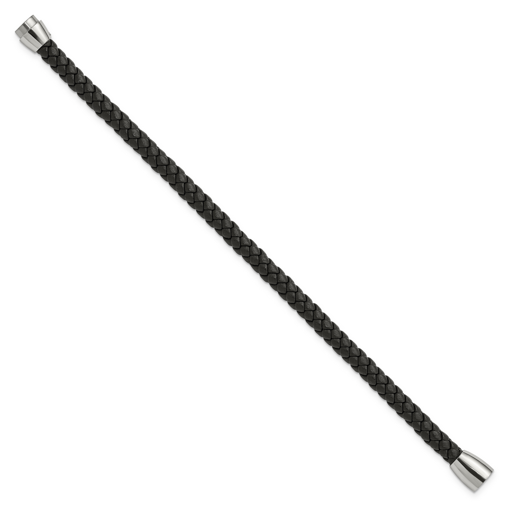 Braided Black Leather Bracelet in Stainless Steel