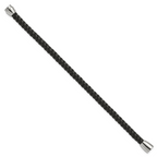 Braided Black Leather Bracelet in Stainless Steel