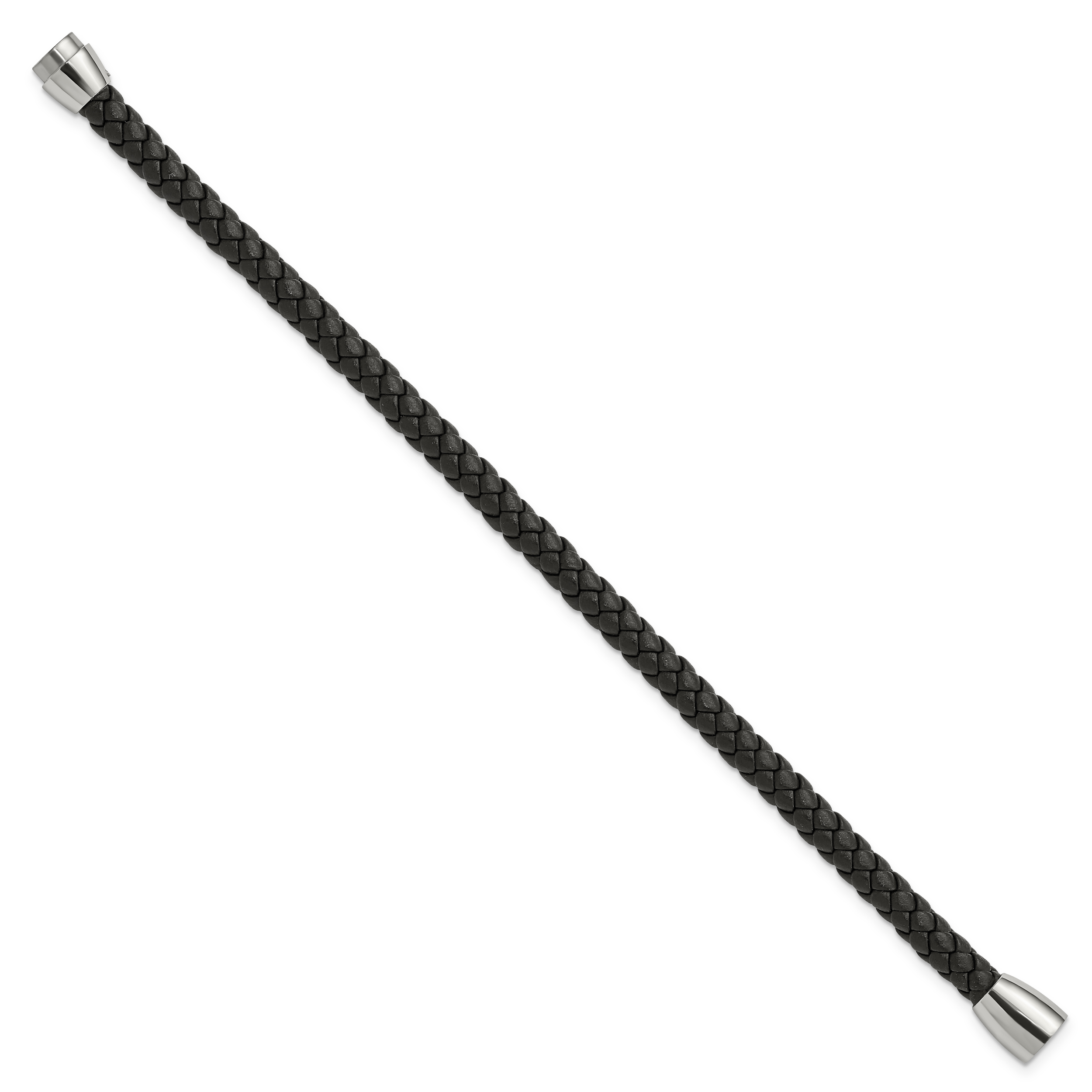 Braided Black Leather Bracelet in Stainless Steel