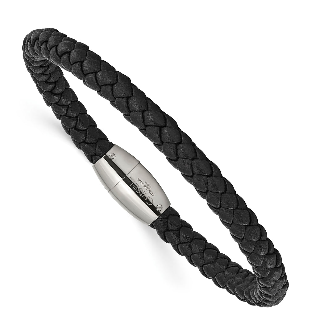 Braided Black Leather Bracelet in Stainless Steel