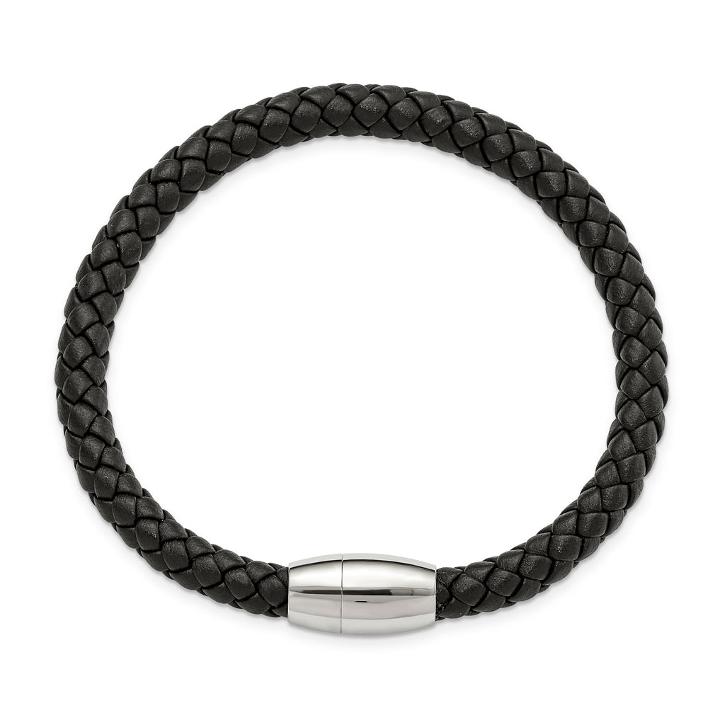 Braided Black Leather Bracelet in Stainless Steel