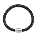 Braided Black Leather Bracelet in Stainless Steel