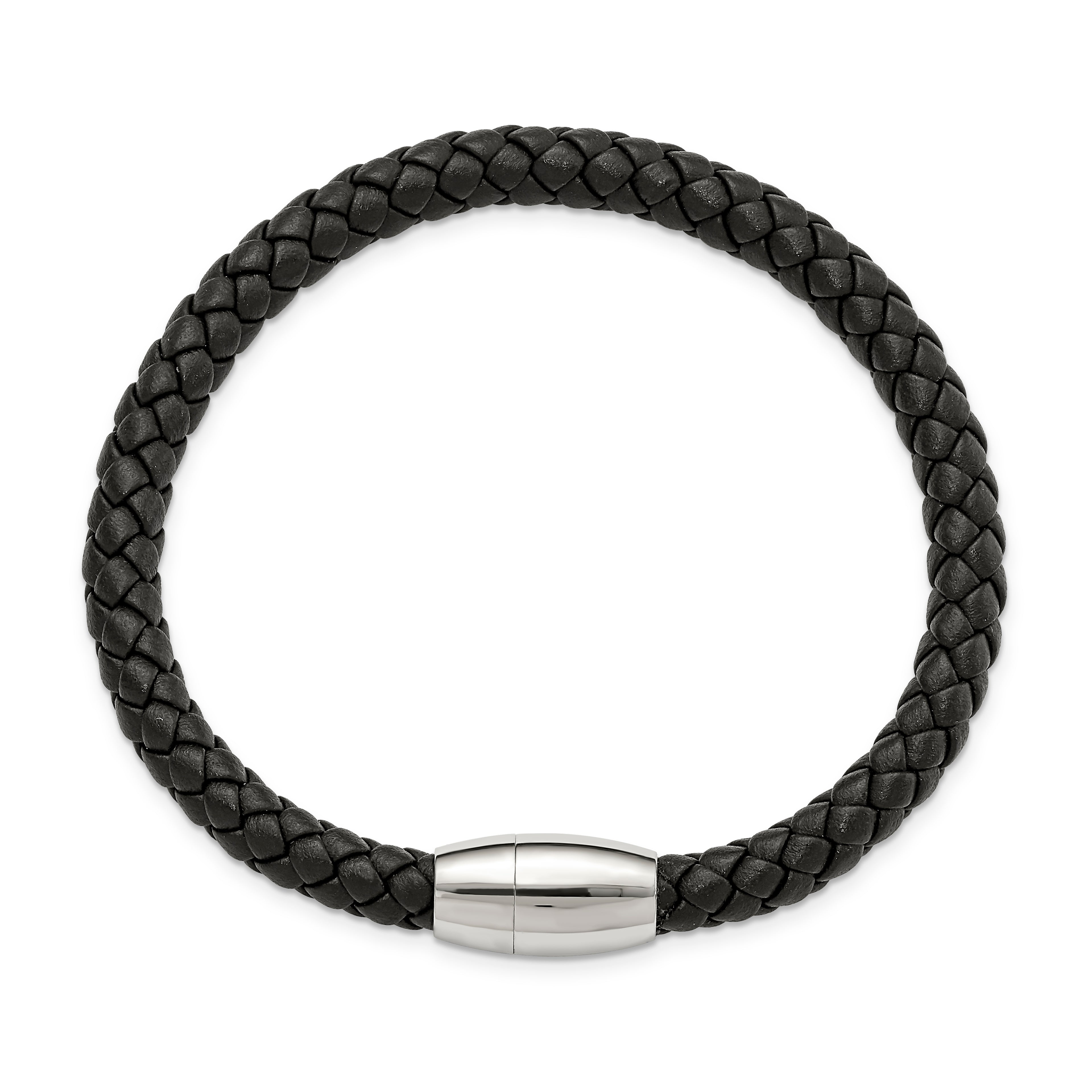 Braided Black Leather Bracelet in Stainless Steel