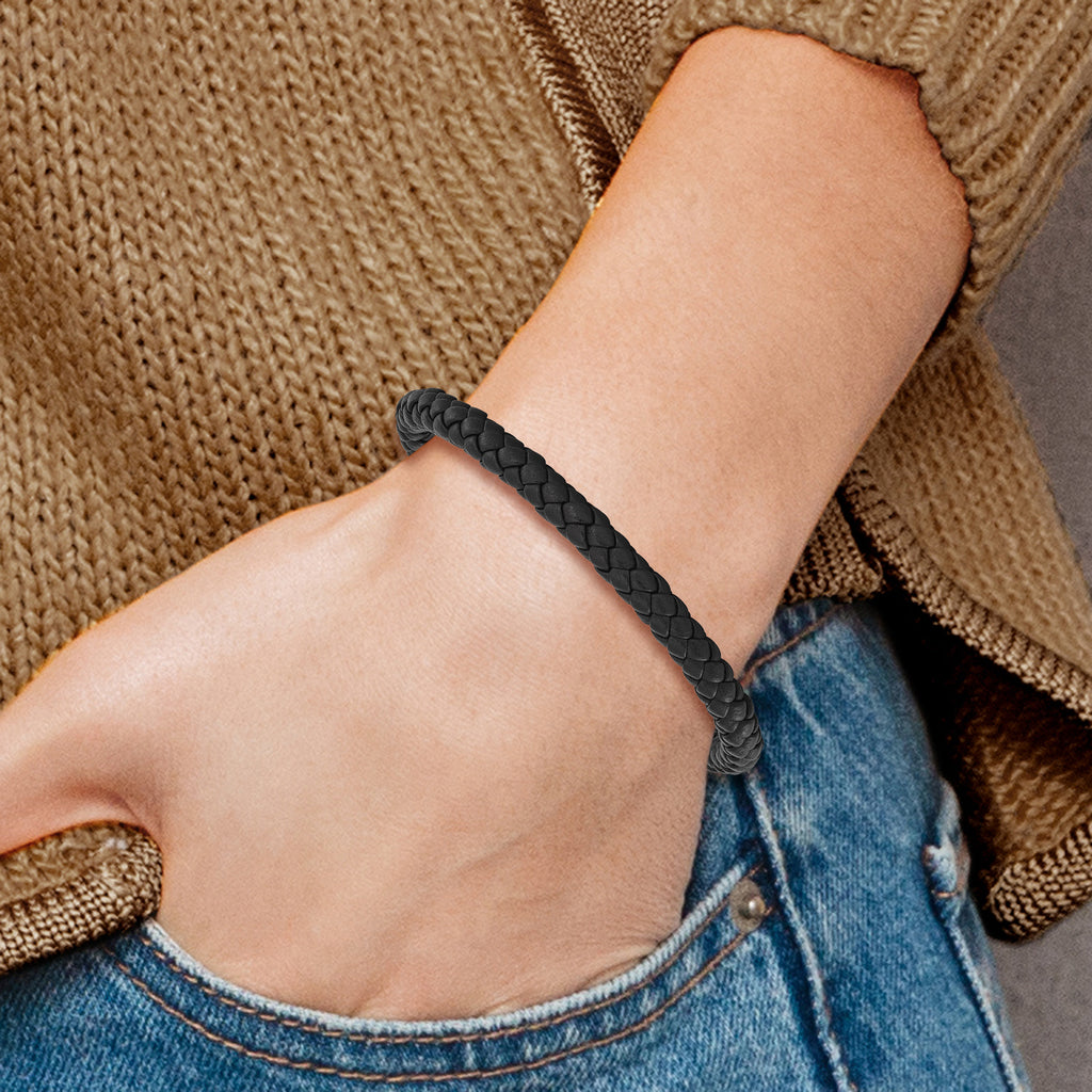 Braided Black Leather Bracelet in Stainless Steel