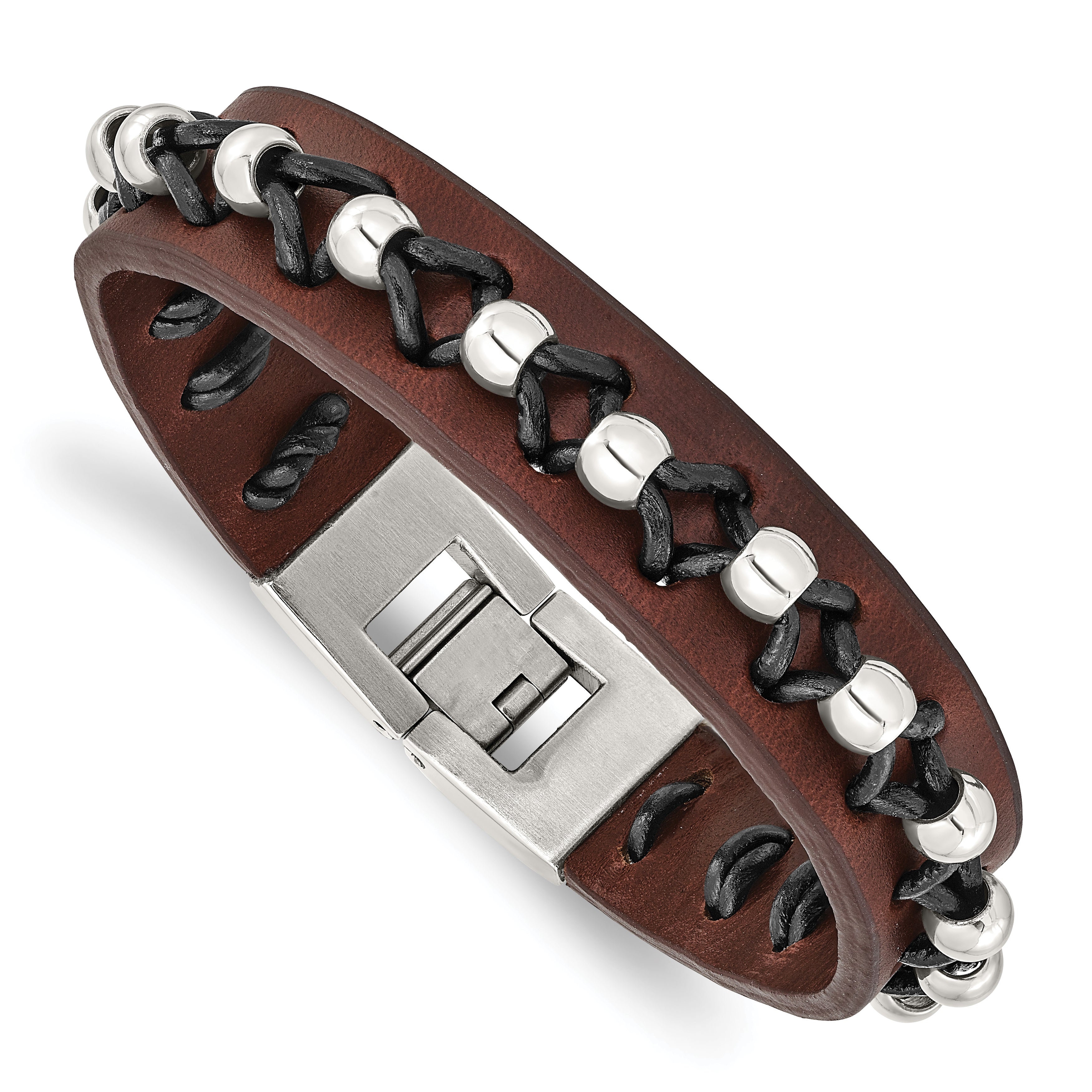 Chisel Stainless Steel Black and Brown Leather with Polished Beads 8.5 inch Bracelet Main image
