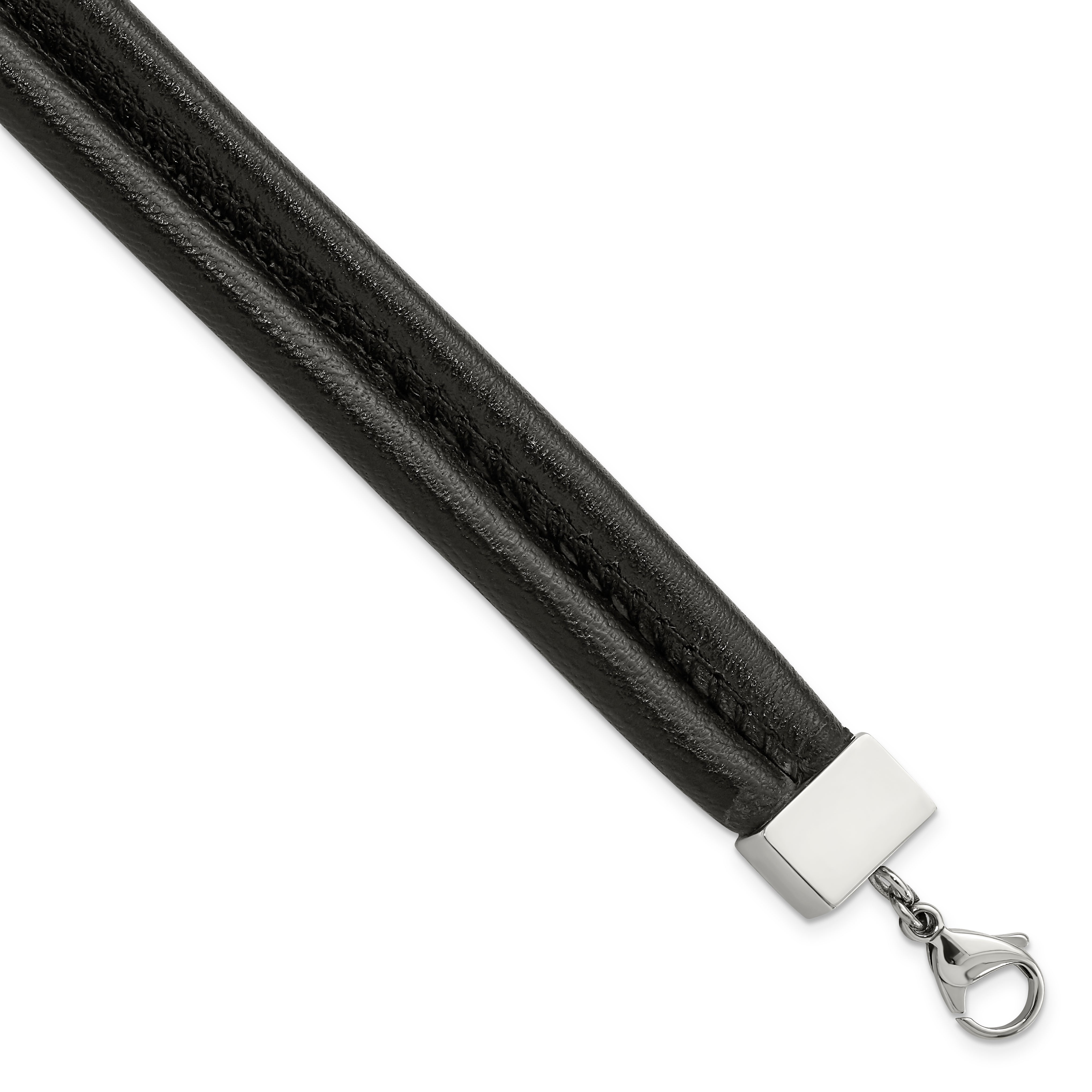 Stainless Steel Polished Black Leather Double Row 8.5in Bracelet Main image