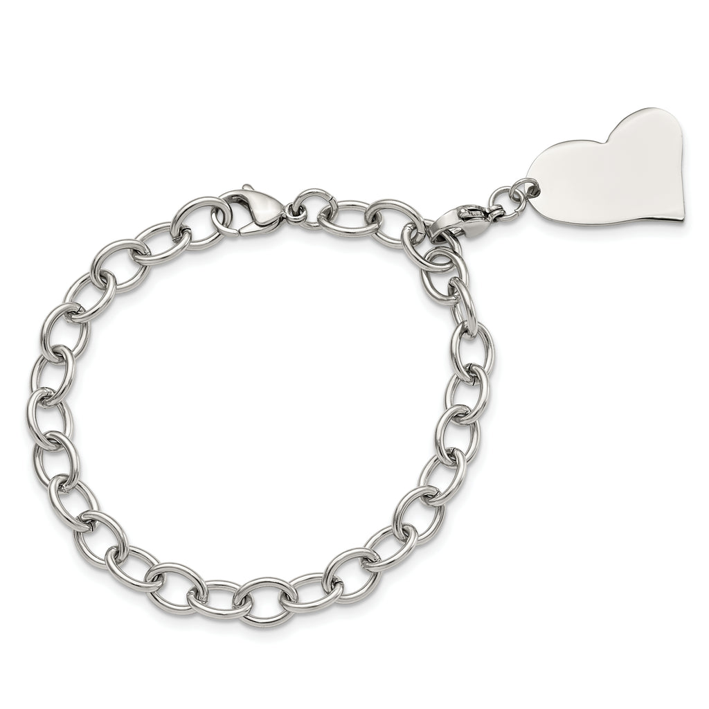 Polished Link Bracelet with Heart Charm in Stainless Steel