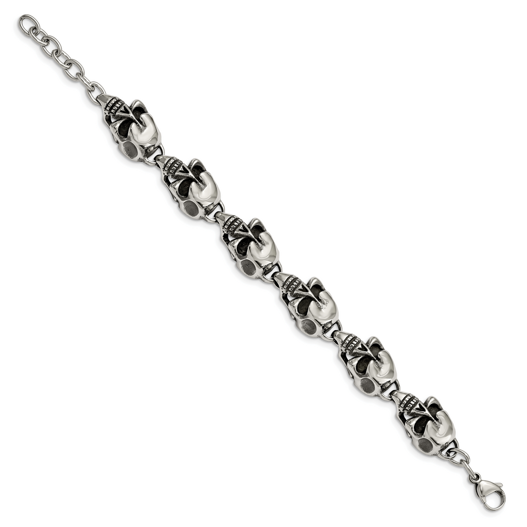 Antiqued Skull Link Bracelet in Stainless Steel