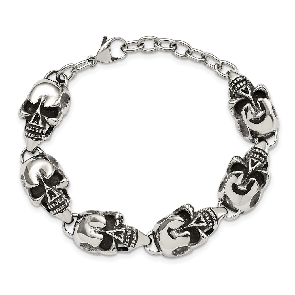 Antiqued Skull Link Bracelet in Stainless Steel
