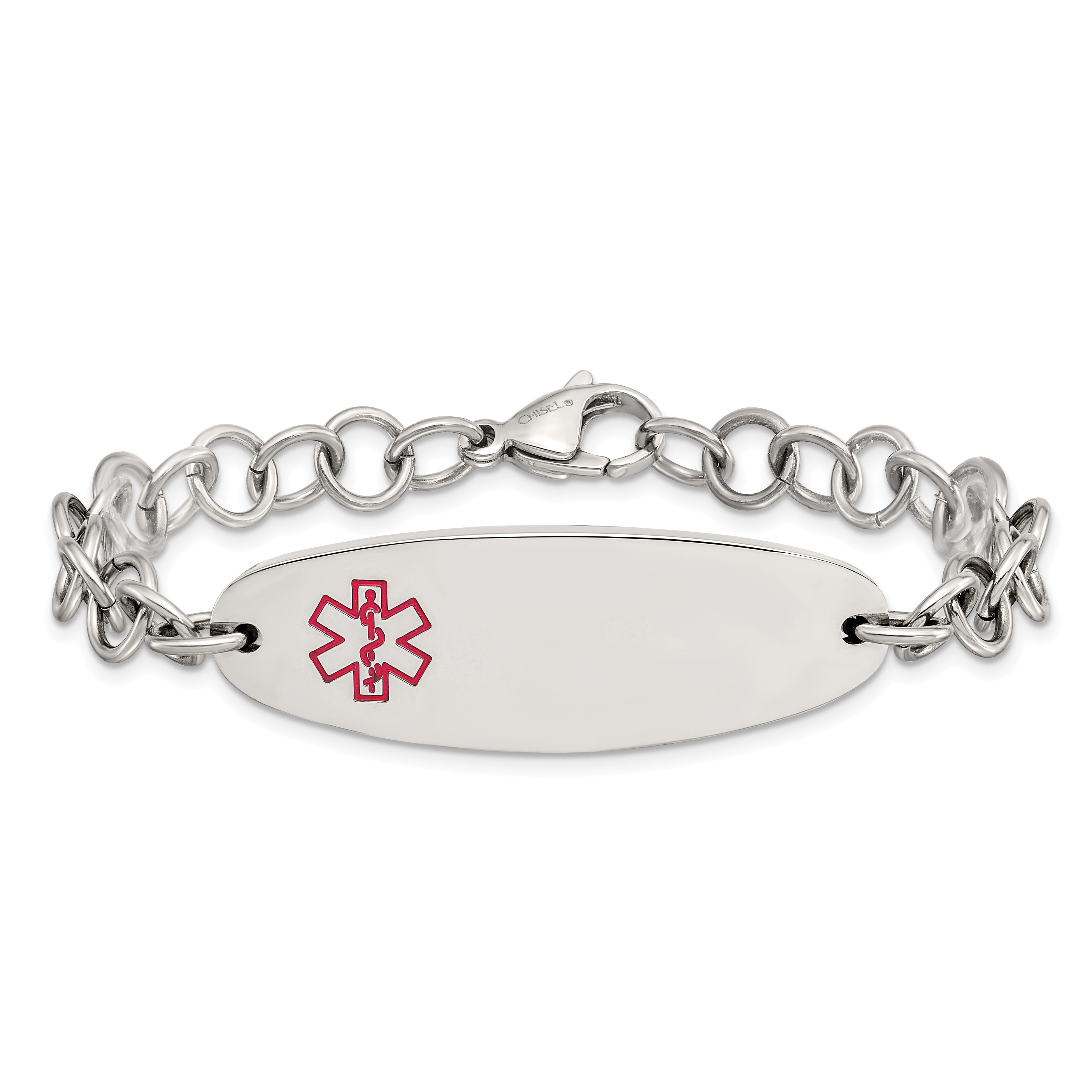 Medical ID Open Link Bracelet in Stainless Steel with Red Enamel