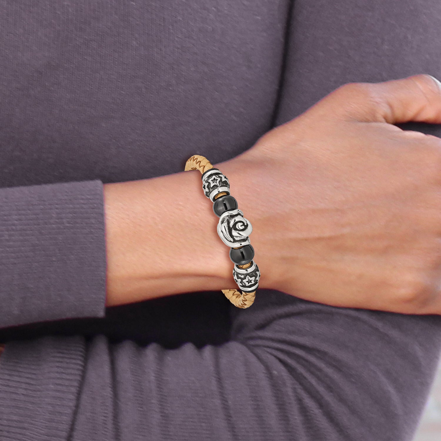 Stainless Steel Brushed & Polished Black IP Beads Leather 7.5in Bracelet