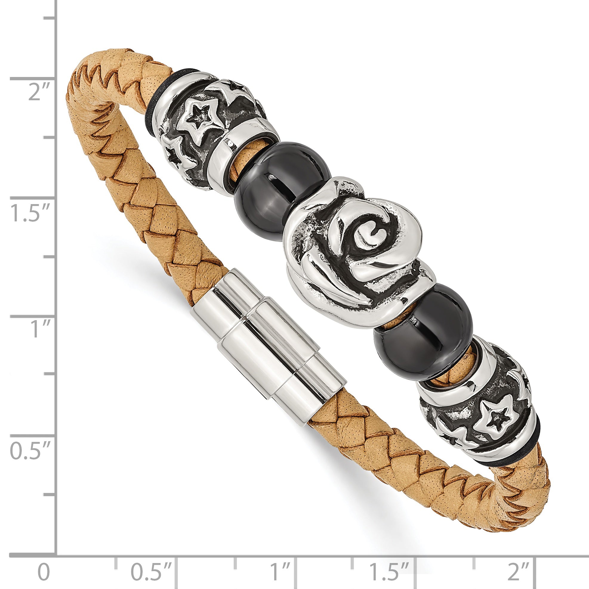Stainless Steel Brushed & Polished Black IP Beads Leather 7.5in Bracelet