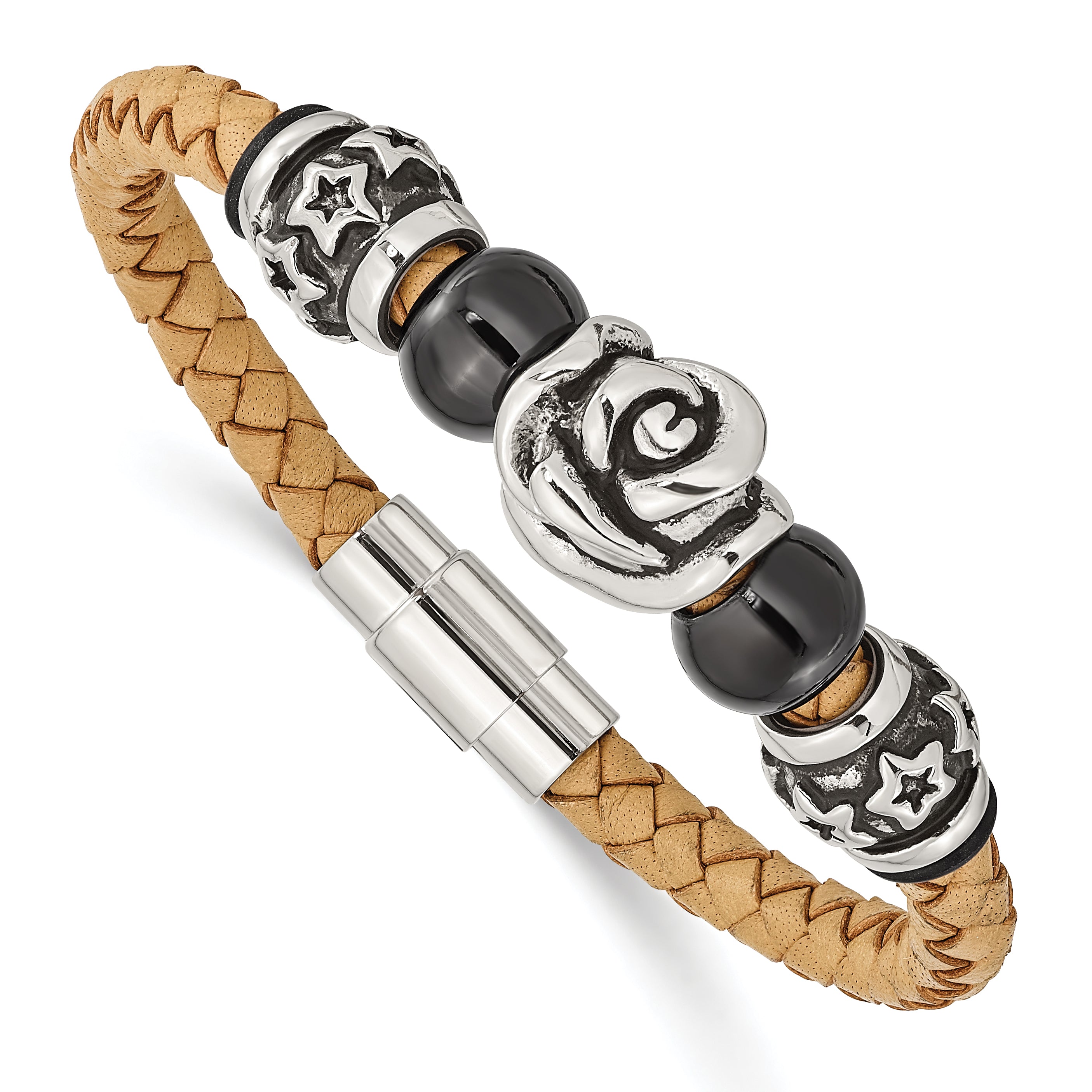 Stainless Steel Brushed & Polished Black IP Beads Leather 7.5in Bracelet Main image