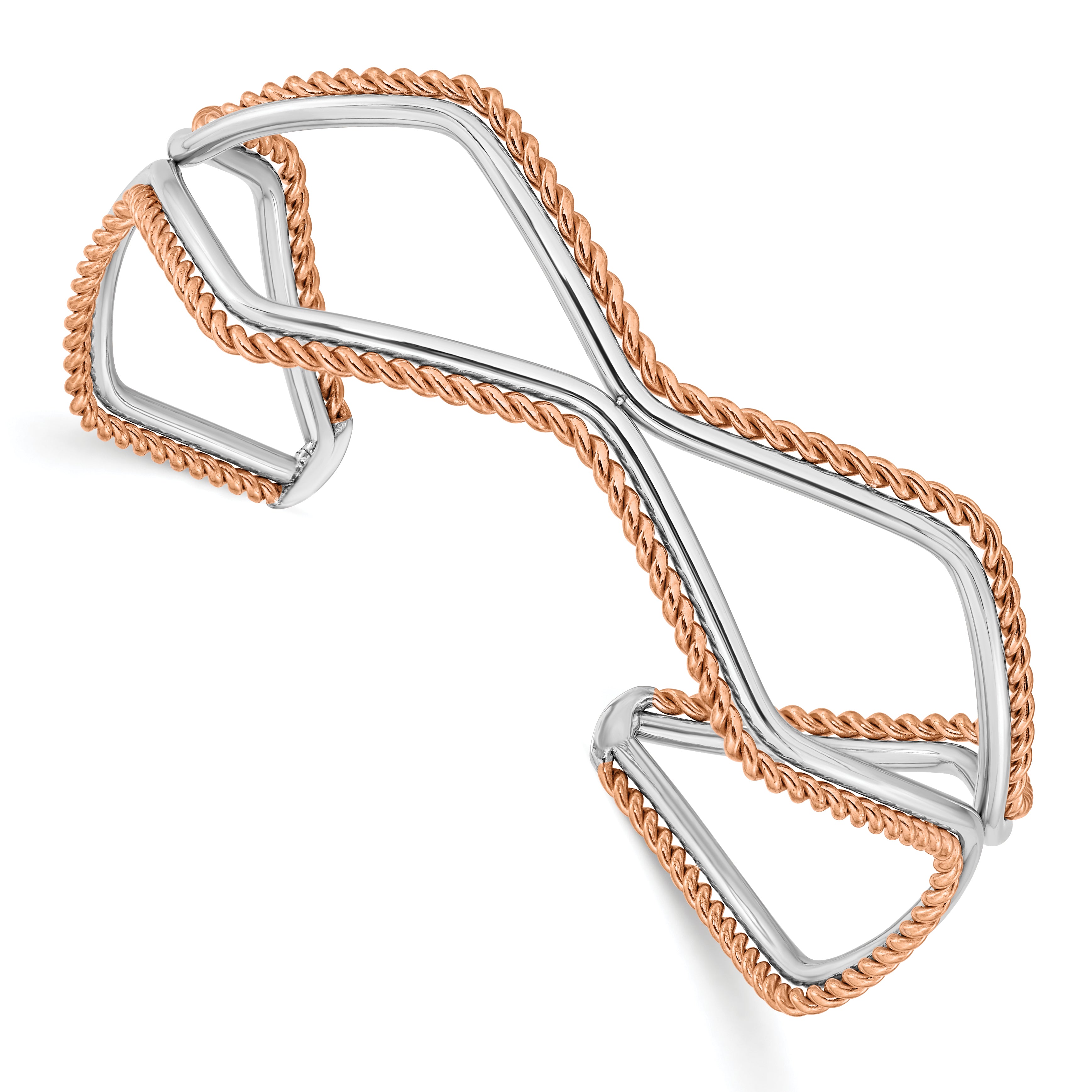 Stainless Steel Polished and Textured Rose IP-plated Cuff Bangle Main image