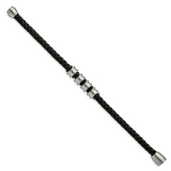 Chisel Stainless Steel Brushed Braided Black Leather 8.5 inch Bracelet