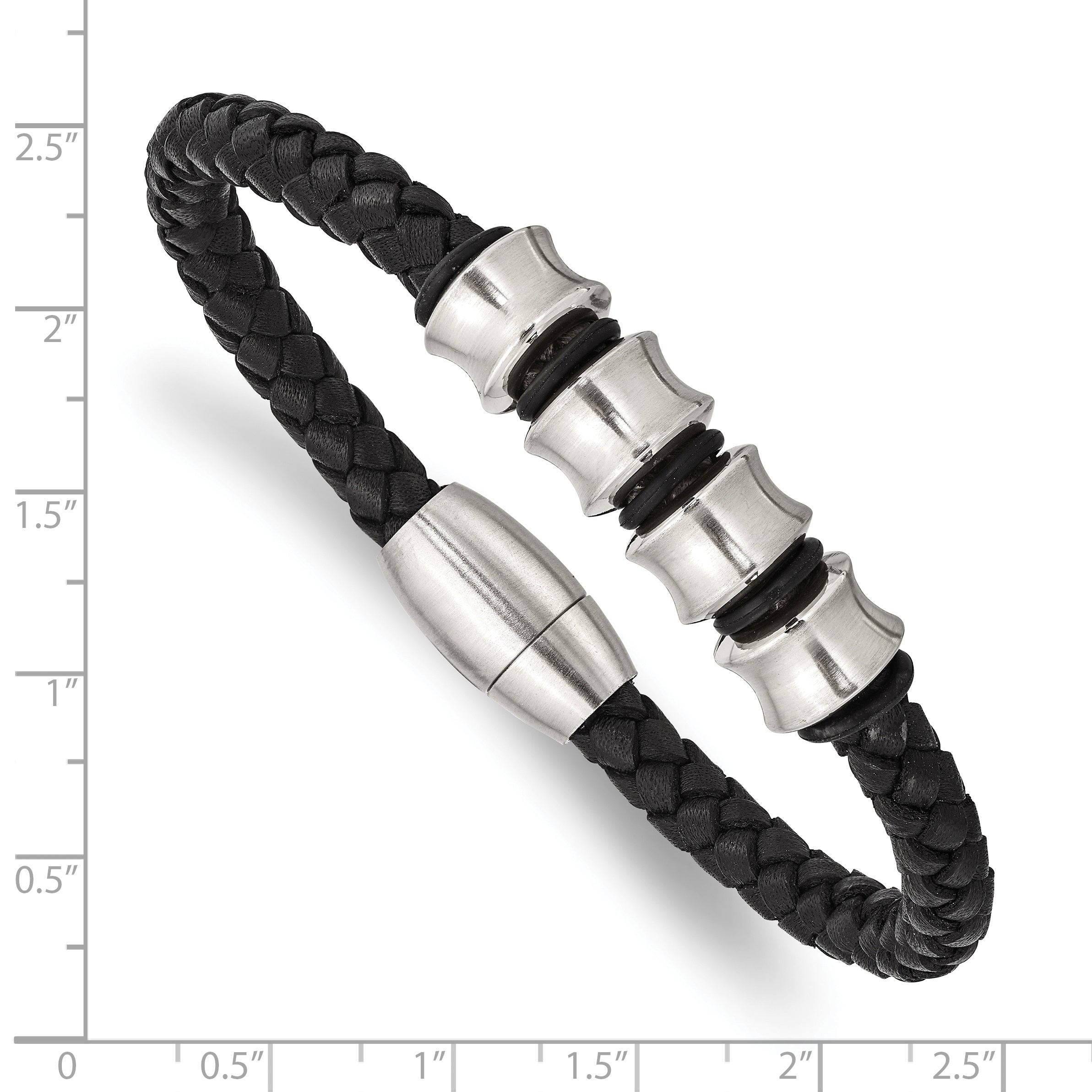 Chisel Stainless Steel Brushed Braided Black Leather 8.5 inch Bracelet