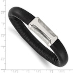 Stainless Steel Polished and Textured Black Leather 8.5in Bracelet