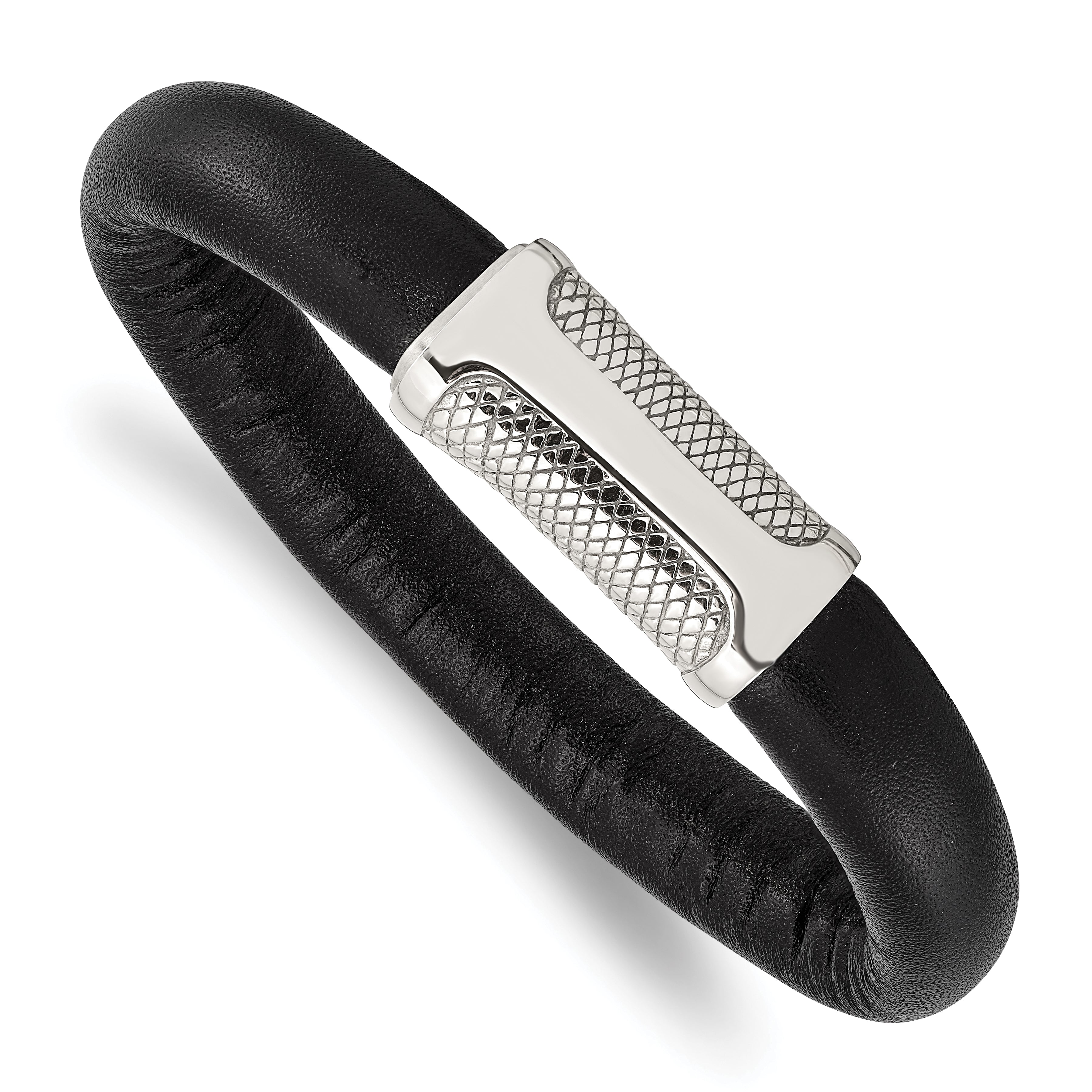 Stainless Steel Polished and Textured Black Leather 8.5in Bracelet Main image