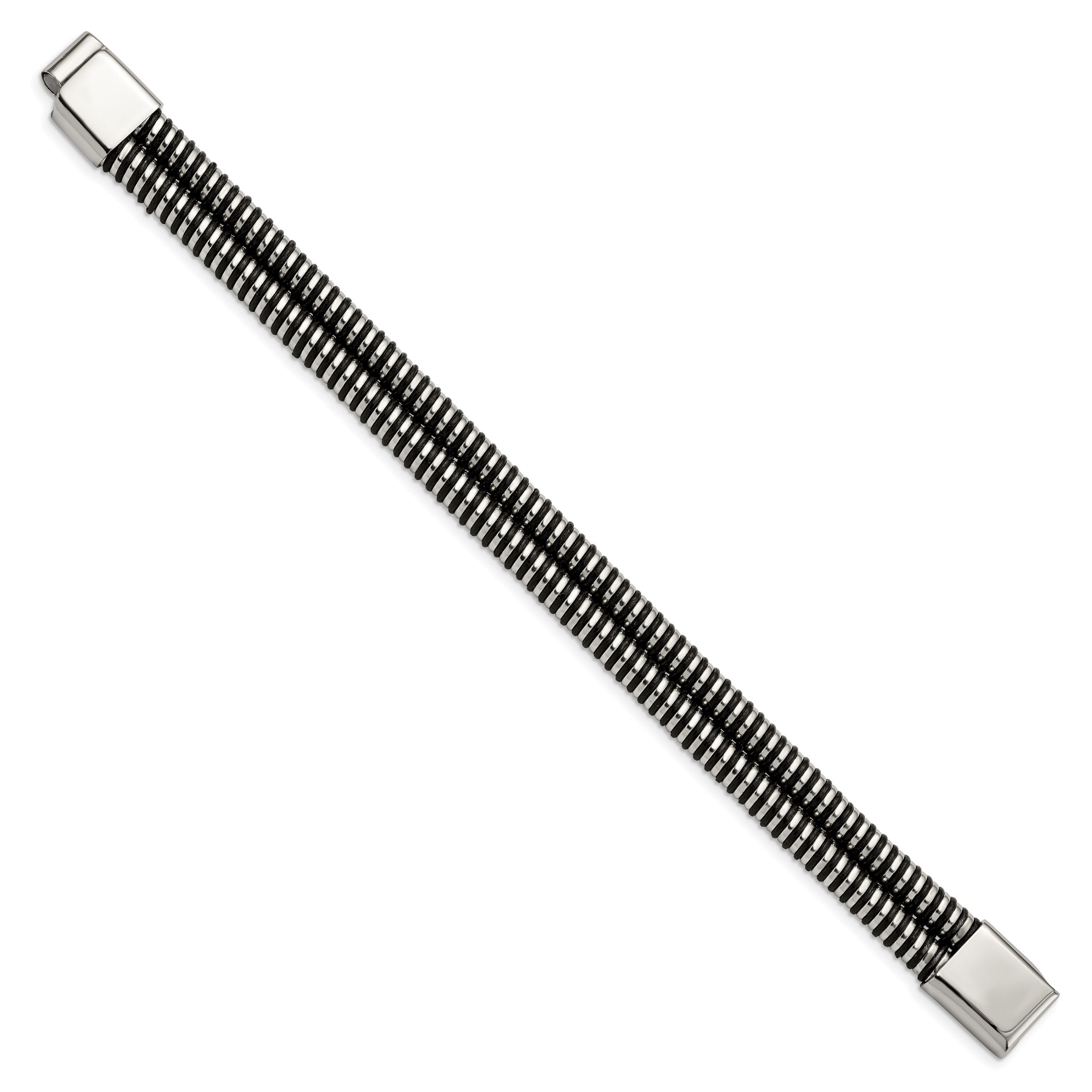 Polished Bracelet in Stainless Steel & Black Leather