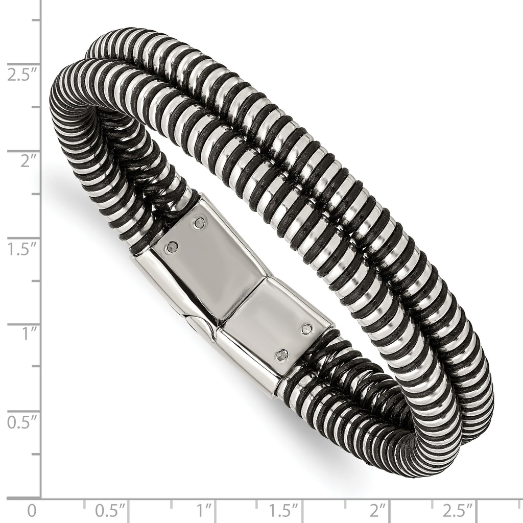 Polished Bracelet in Stainless Steel & Black Leather