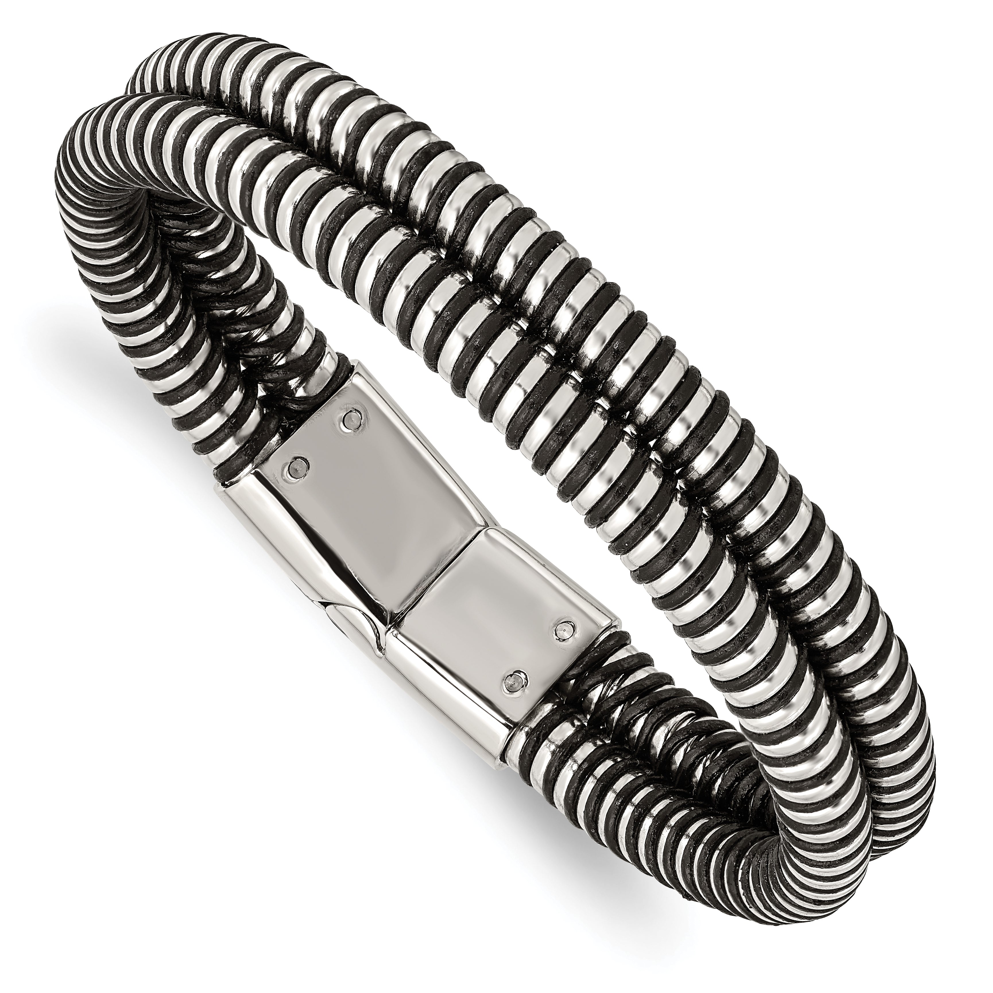 Stainless Steel Polished & Black Leather 8.5in Bracelet Main image