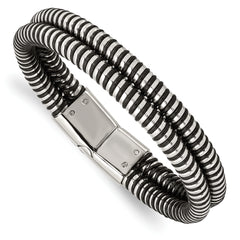 Stainless Steel Polished & Black Leather 8.5in Bracelet