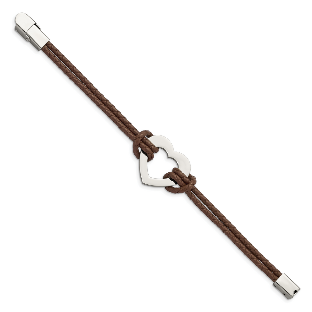 Chisel Stainless Steel Polished Heart Brown Braided Leather 7.5 inch Bracelet