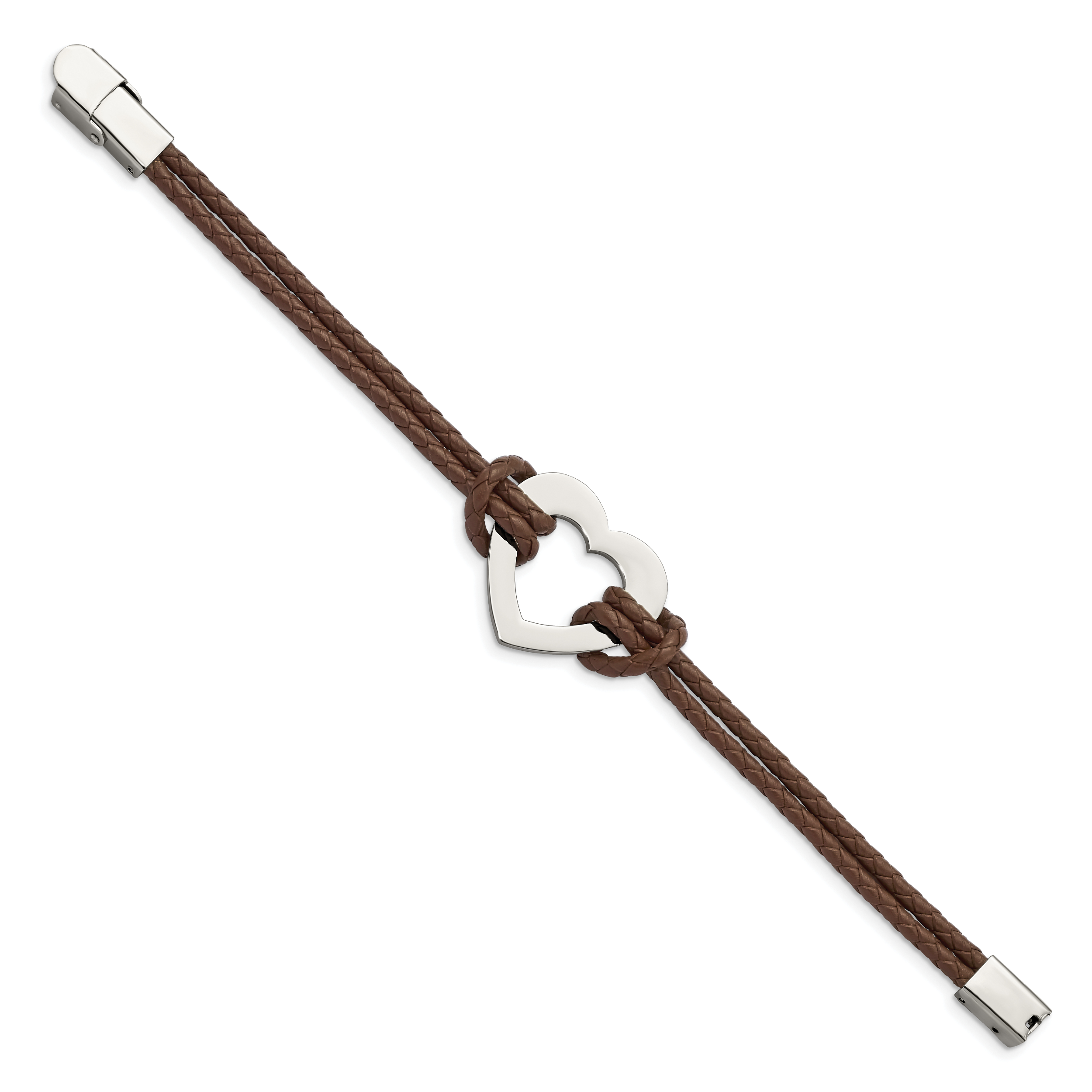 Chisel Stainless Steel Polished Heart Brown Braided Leather 7.5 inch Bracelet