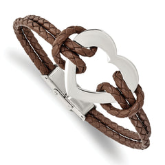 Chisel Stainless Steel Polished Heart Brown Braided Leather 7.5 inch Bracelet