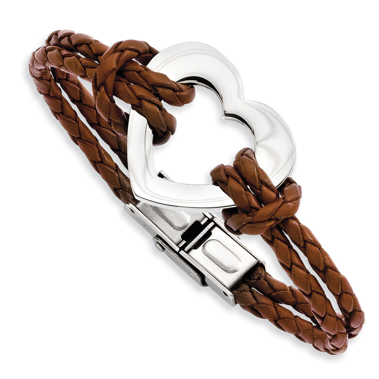 Chisel Stainless Steel Polished Heart Brown Braided Leather 7.5 inch Bracelet Secondary image