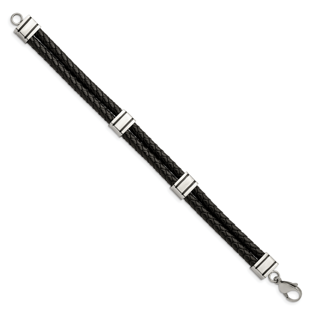 Braided Leather 2-Strand Bracelet in Stainless Steel
