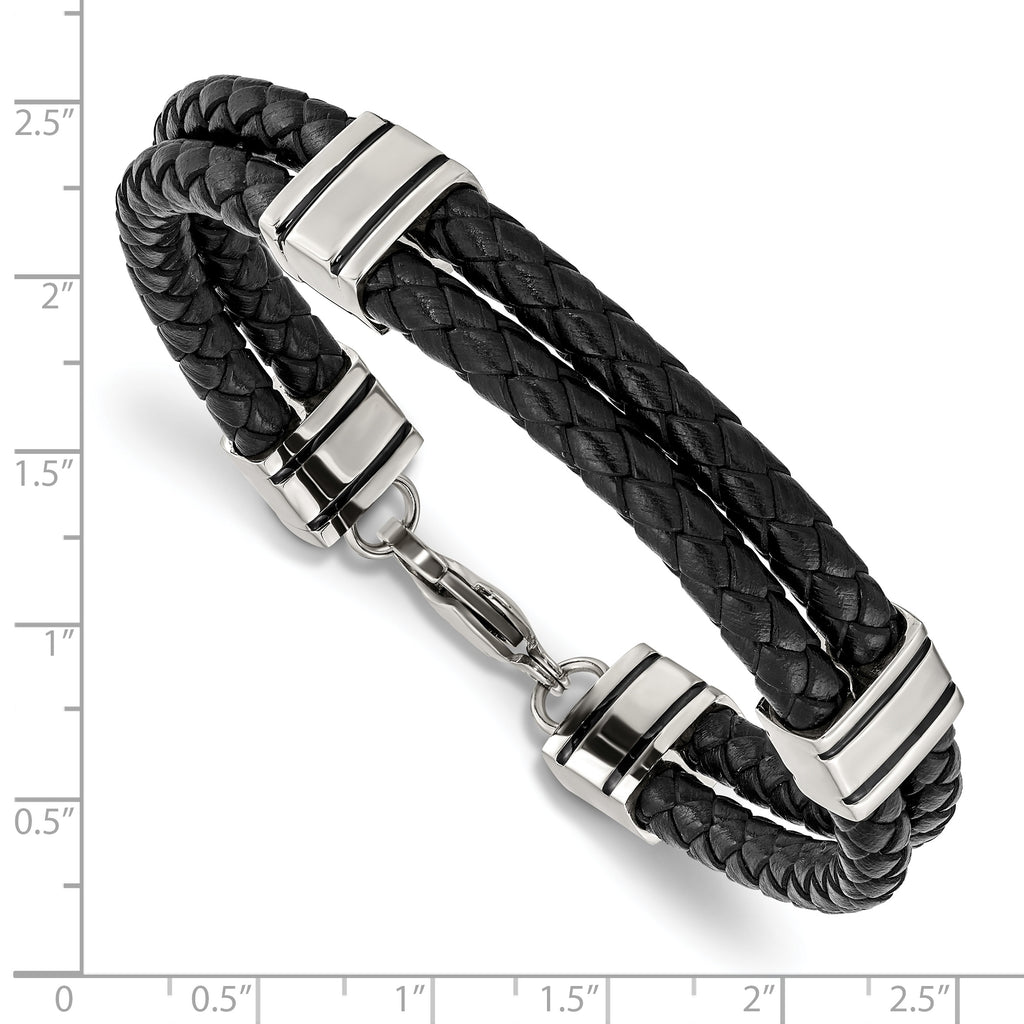 Braided Leather 2-Strand Bracelet in Stainless Steel