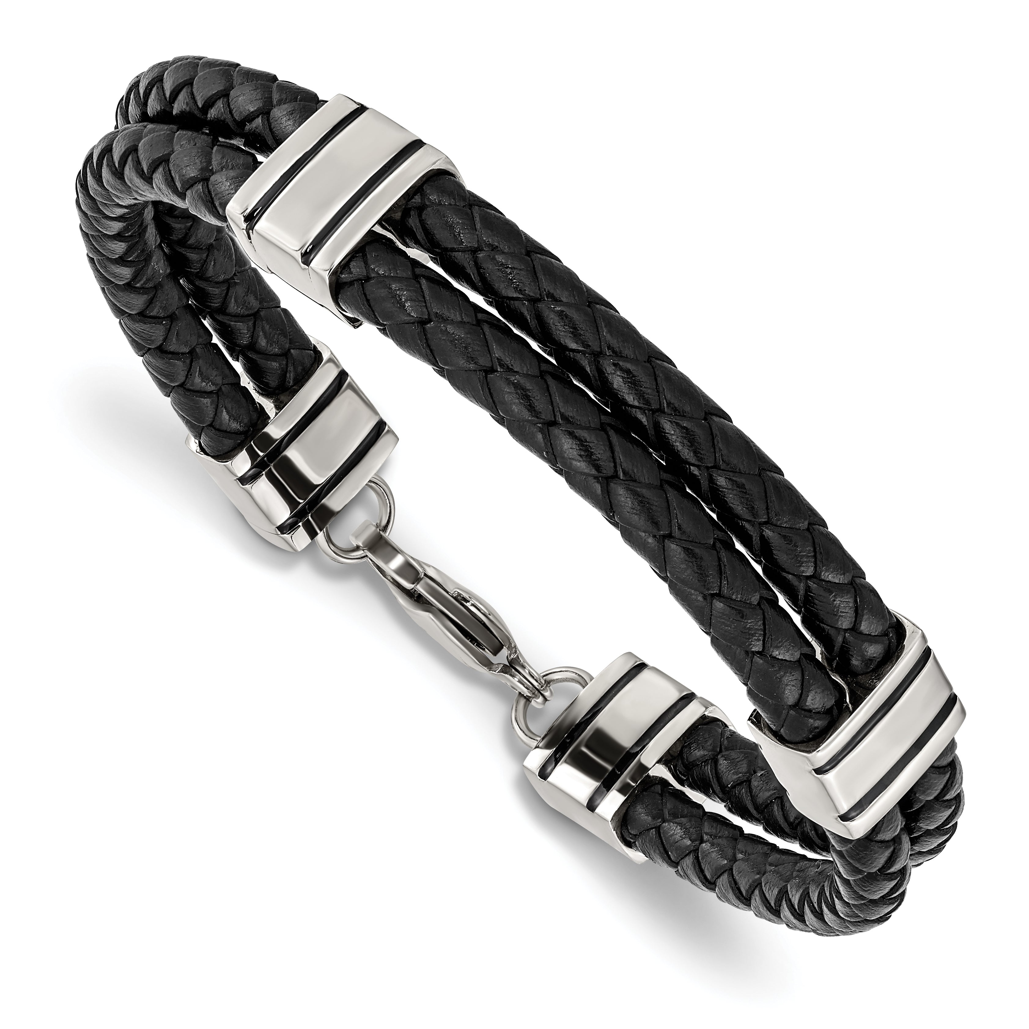 Chisel Stainless Steel Polished Braided 2 Strand Black Braided Leather 9 inch Bracelet Main image