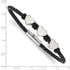 Chisel Stainless Steel Polished Hearts Black Braided Leather and Rubber 7.5 inch Bracelet