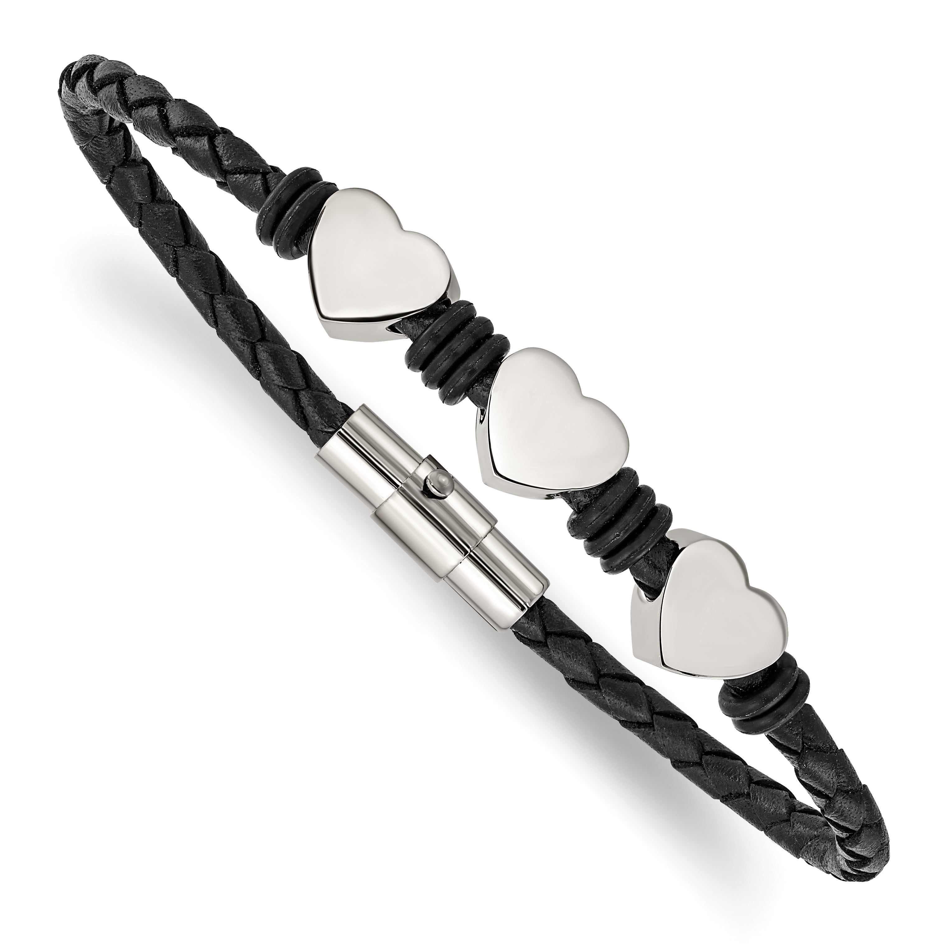 Chisel Stainless Steel Polished Hearts Black Braided Leather and Rubber 7.5 inch Bracelet Main image