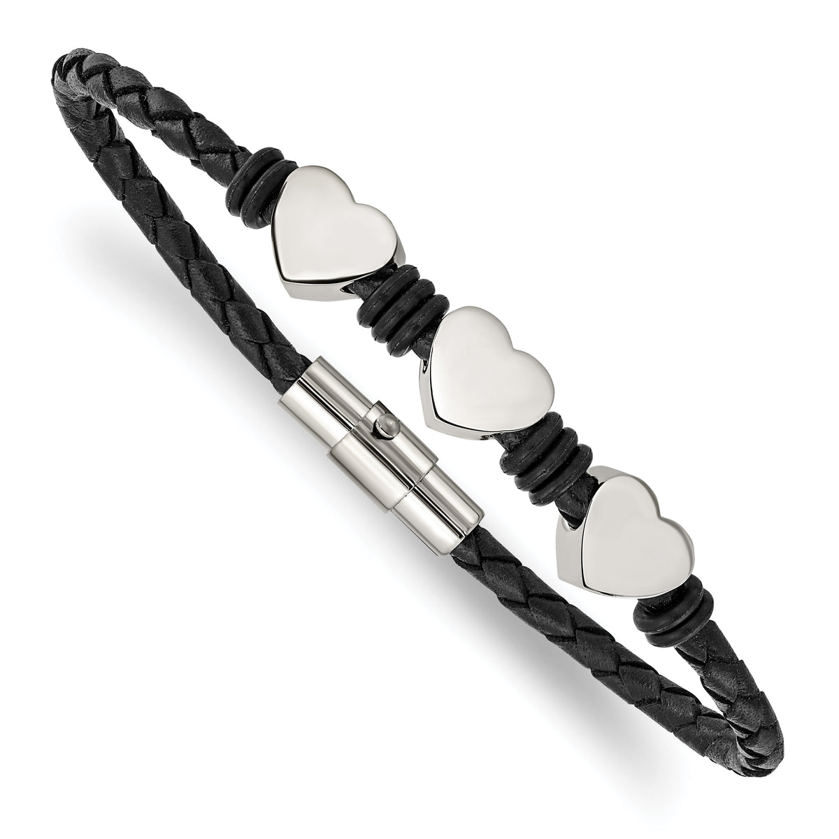 Chisel Stainless Steel Polished Hearts Black Braided Leather and Rubber 7.5 inch Bracelet